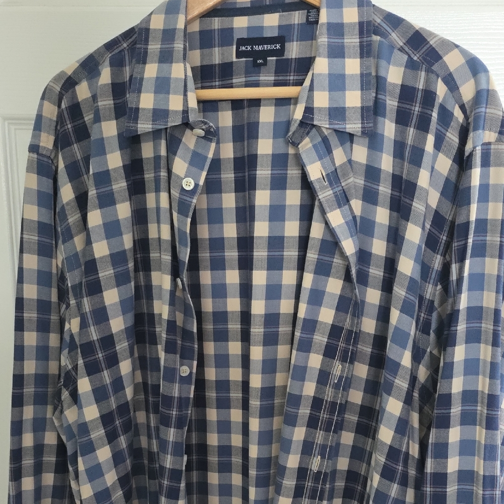 Blue and White Plaid Men's Casual Button Down Shirt